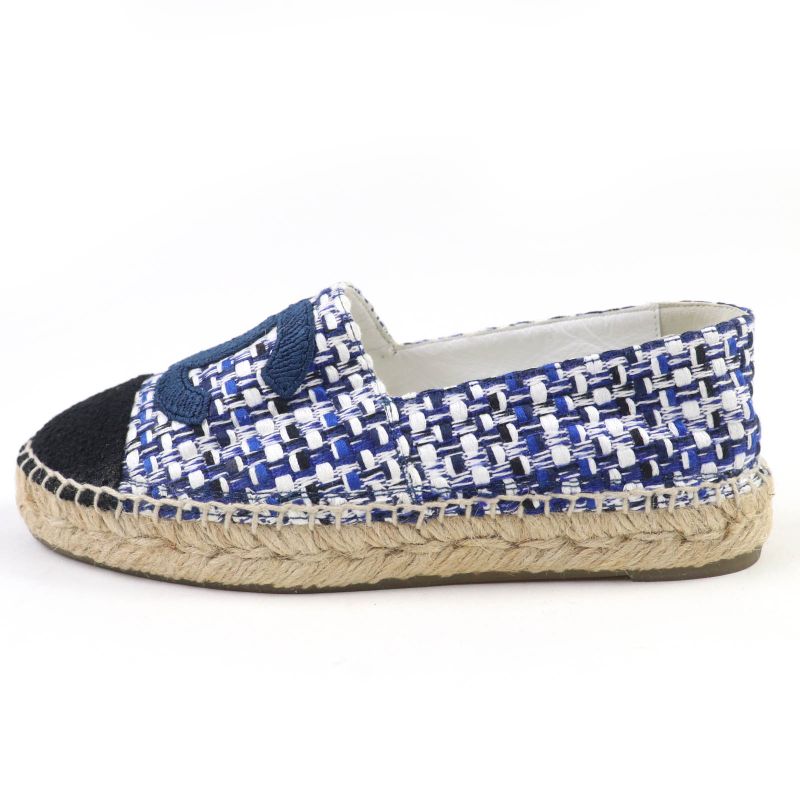 CHANEL G34546 Coco Mark Espadrilles Tweed Flat Shoes Blue 35 Women
