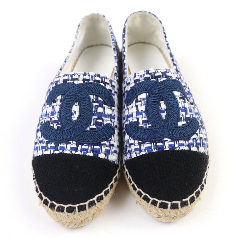 CHANEL G34546 Coco Mark Espadrilles Tweed Flat Shoes Blue 35 Women