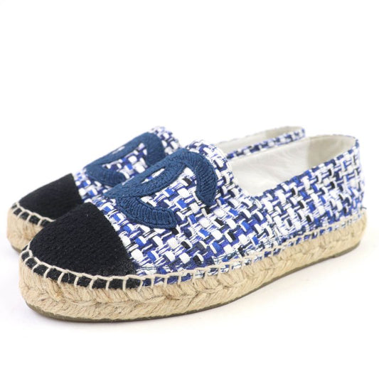 CHANEL G34546 Coco Mark Espadrilles Tweed Flat Shoes Blue 35 Women
