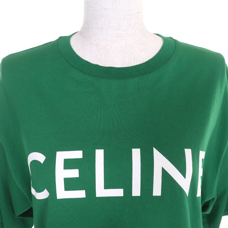Celine 2x761501f 100% Cotton Logo Crew Neck Cropped Short Sleeve T-shirt Green