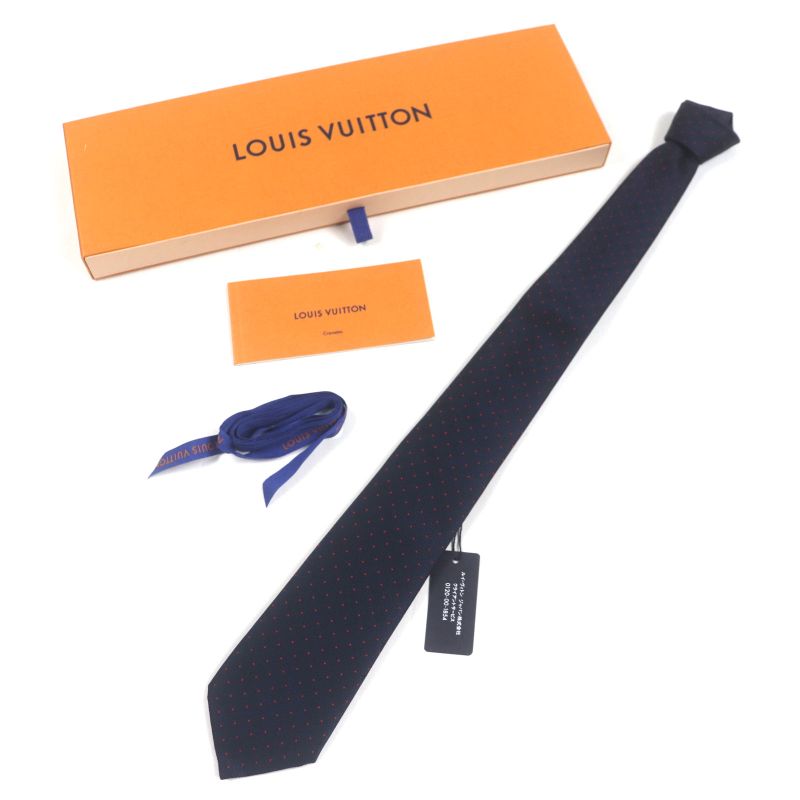  Louis Vuitton M75940 100% Silk Cravat Monogram LV Dotted Tie Navy With Box