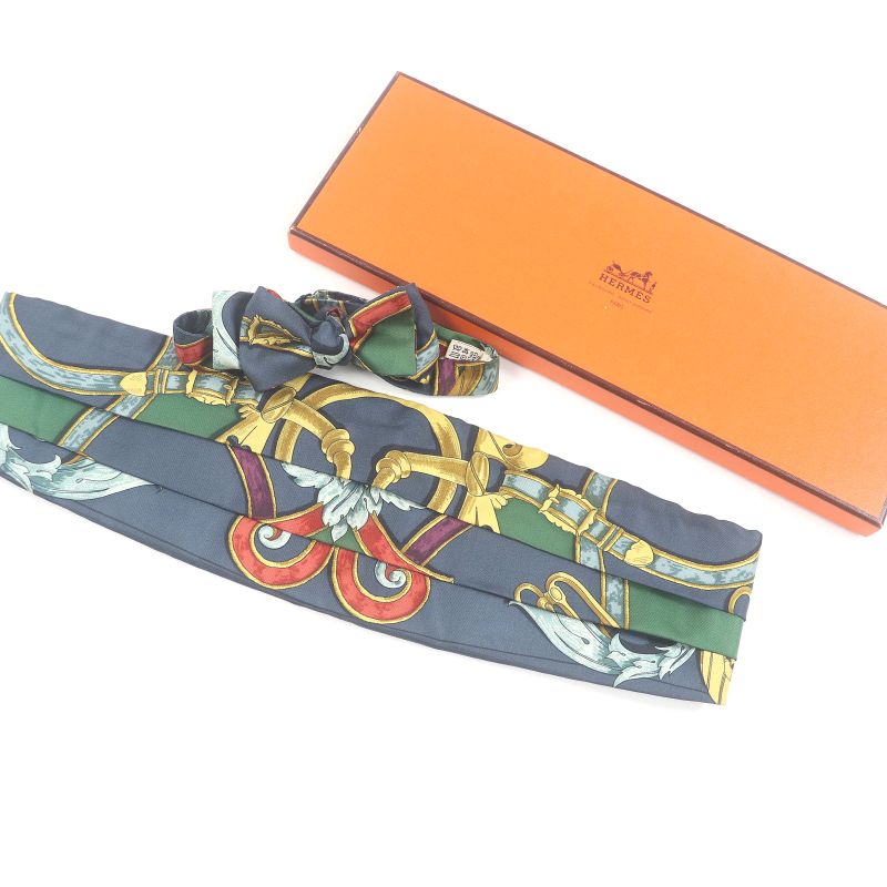 Hermes 100% Silk All-over Pattern Cummerbund Sash Bow Tie Set Of 2 Navy 42 With