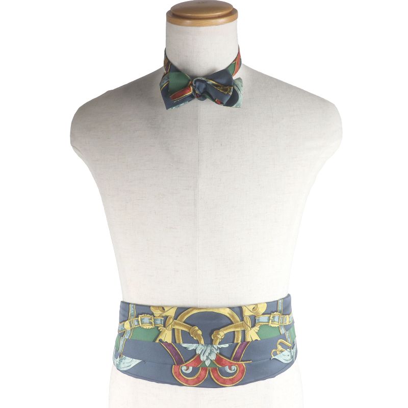 Hermes 100% Silk All-over Pattern Cummerbund Sash Bow Tie Set Of 2 Navy 42 With