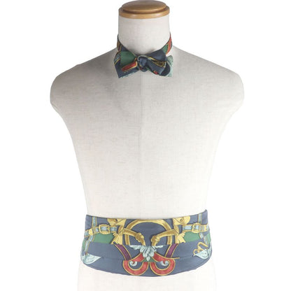 Hermes 100% Silk All-over Pattern Cummerbund Sash Bow Tie Set Of 2 Navy 42 With