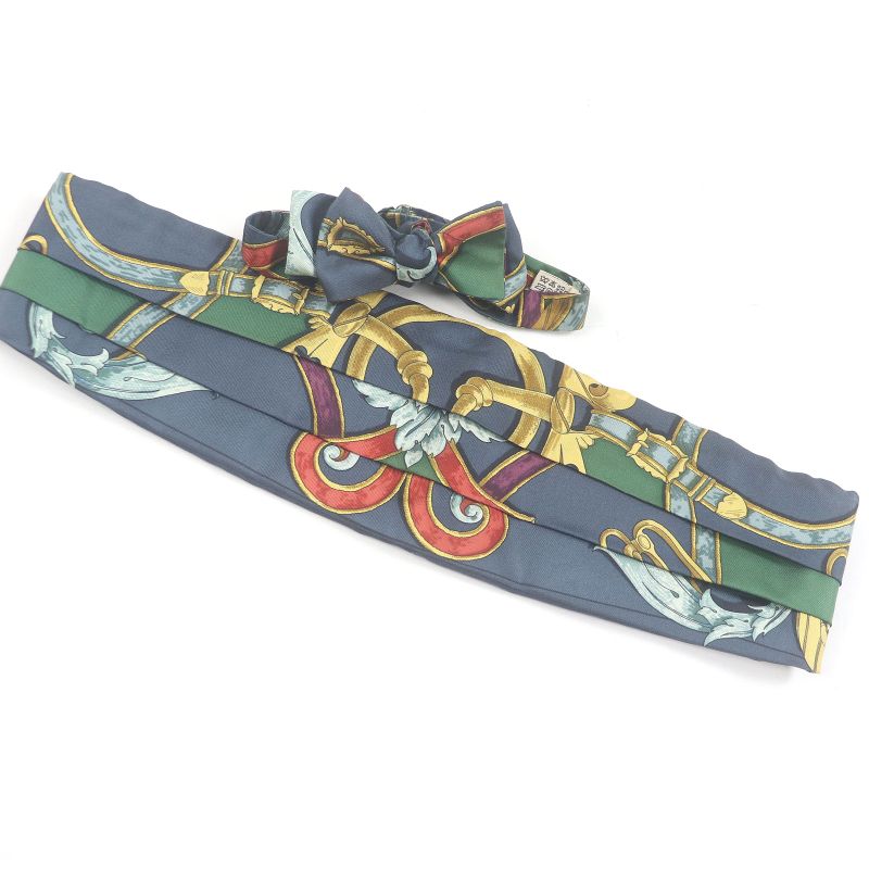 Hermes 100% Silk All-over Pattern Cummerbund Sash Bow Tie Set Of 2 Navy 42 With