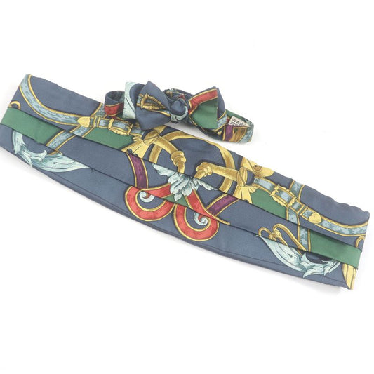 Hermes 100% Silk All-over Pattern Cummerbund Sash Bow Tie Set Of 2 Navy 42 With