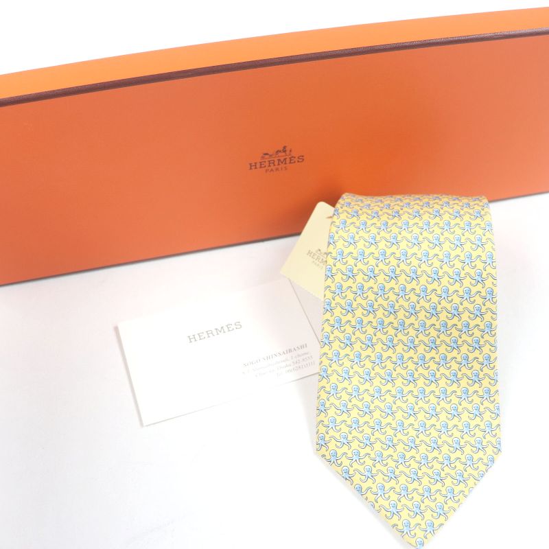 Hermes 5298ta 100% Silk Octopus Wide Tie Yellow With Box Made In France Men's