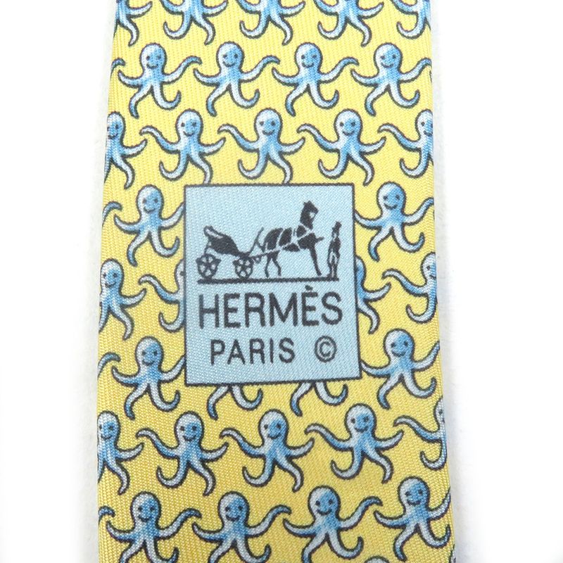 Hermes 5298ta 100% Silk Octopus Wide Tie Yellow With Box Made In France Men's
