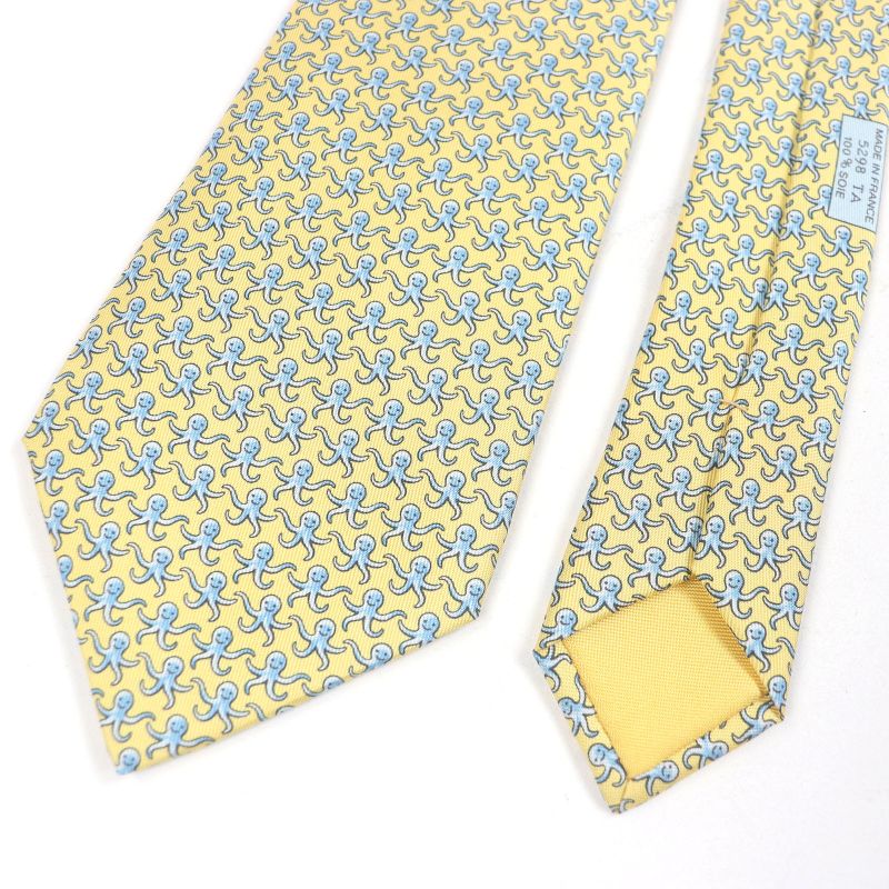 Hermes 5298ta 100% Silk Octopus Wide Tie Yellow With Box Made In France Men's