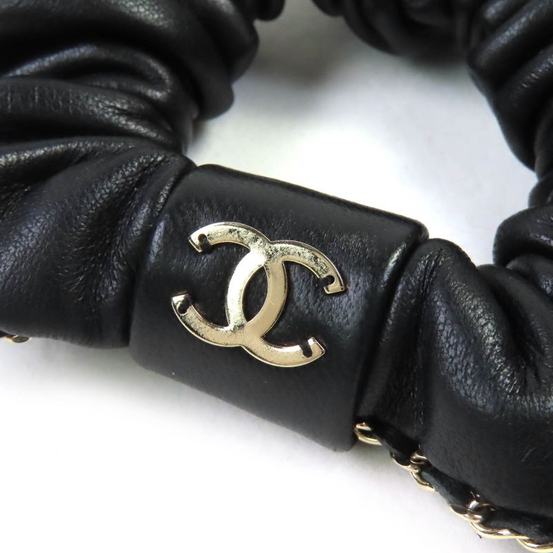 CHANEL A22 Leather Chouche With Coco Mark Chain Hair Accessory Black Gold