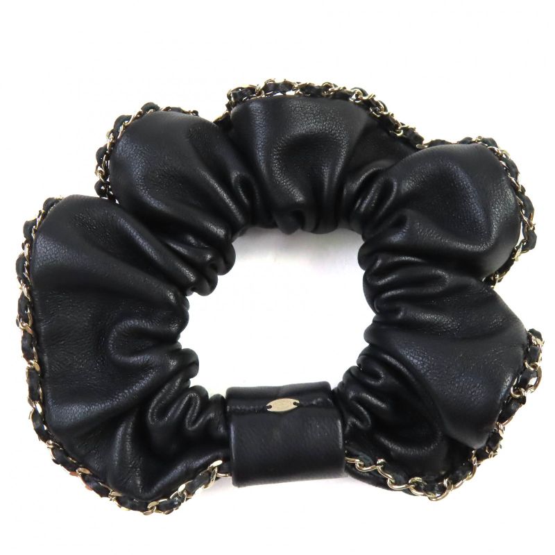 CHANEL A22 Leather Chouche With Coco Mark Chain Hair Accessory Black Gold