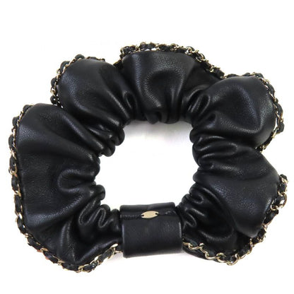 CHANEL A22 Leather Chouche With Coco Mark Chain Hair Accessory Black Gold