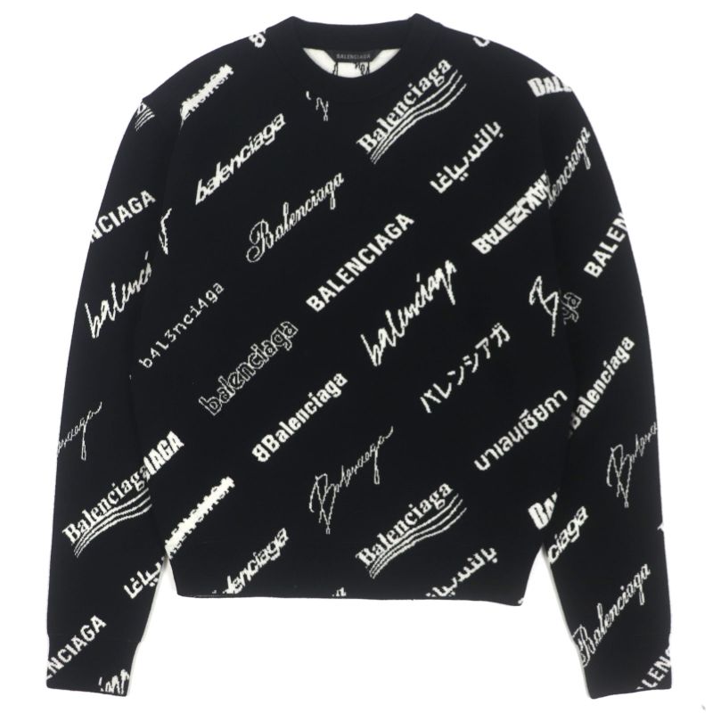 Balenciaga 23SS 724869 Logomaia All Over Kit Crewneck Knit Sweater Black S
