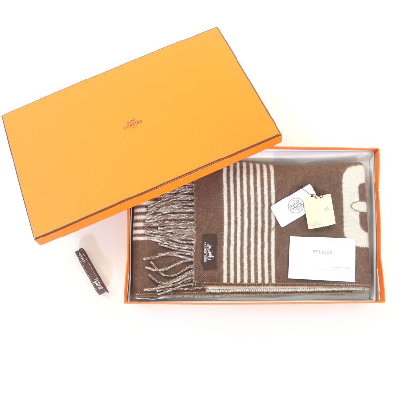 Hermes Sangre A Bucle 100% Cashmere Brown/ivoir Fringed Bicolor Scarf With Box