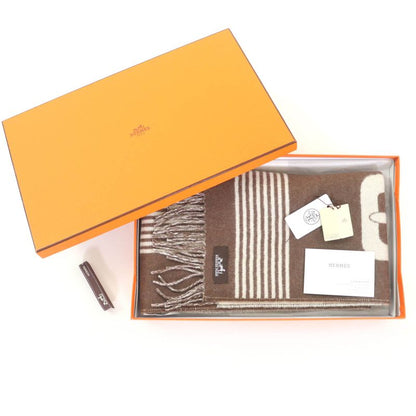 Hermes Sangre A Bucle 100% Cashmere Brown/ivoir Fringed Bicolor Scarf With Box