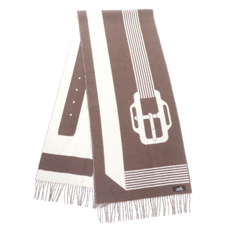 Hermes Sangre A Bucle 100% Cashmere Brown/ivoir Fringed Bicolor Scarf With Box