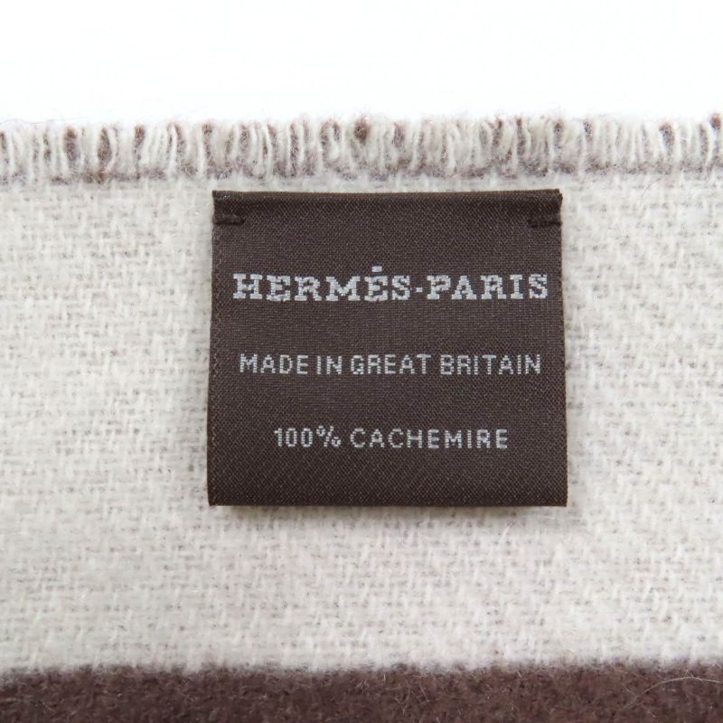 Hermes Sangre A Bucle 100% Cashmere Brown/ivoir Fringed Bicolor Scarf With Box
