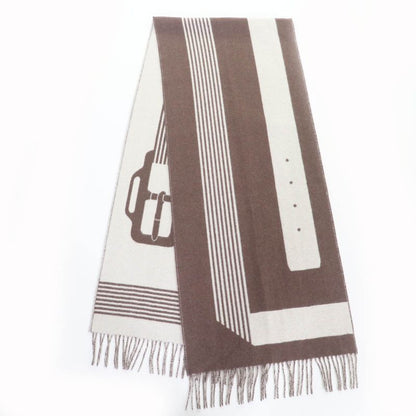 Hermes Sangre A Bucle 100% Cashmere Brown/ivoir Fringed Bicolor Scarf With Box