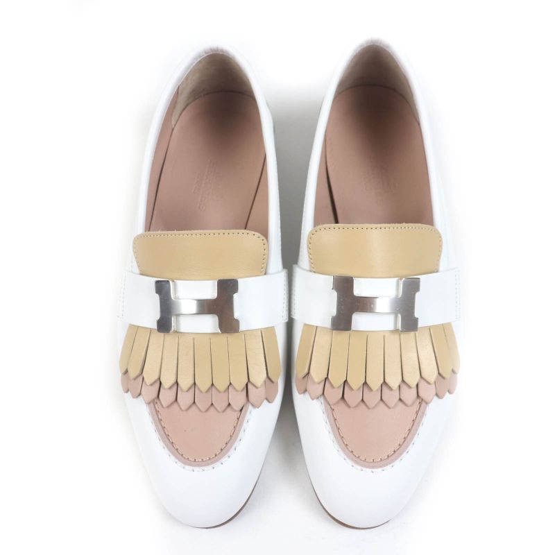 Hermes Af181070z Royale Hhardware Fringe Flat Shoes Leather Moccasins White