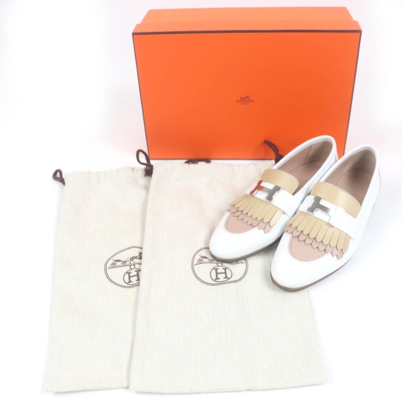 Hermes Af181070z Royale Hhardware Fringe Flat Shoes Leather Moccasins White