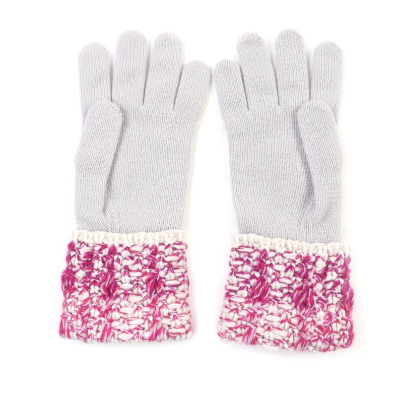 CHANEL 100% Cashmere Knitted Gloves With Coco Badge Gloves Grey Pink With Box