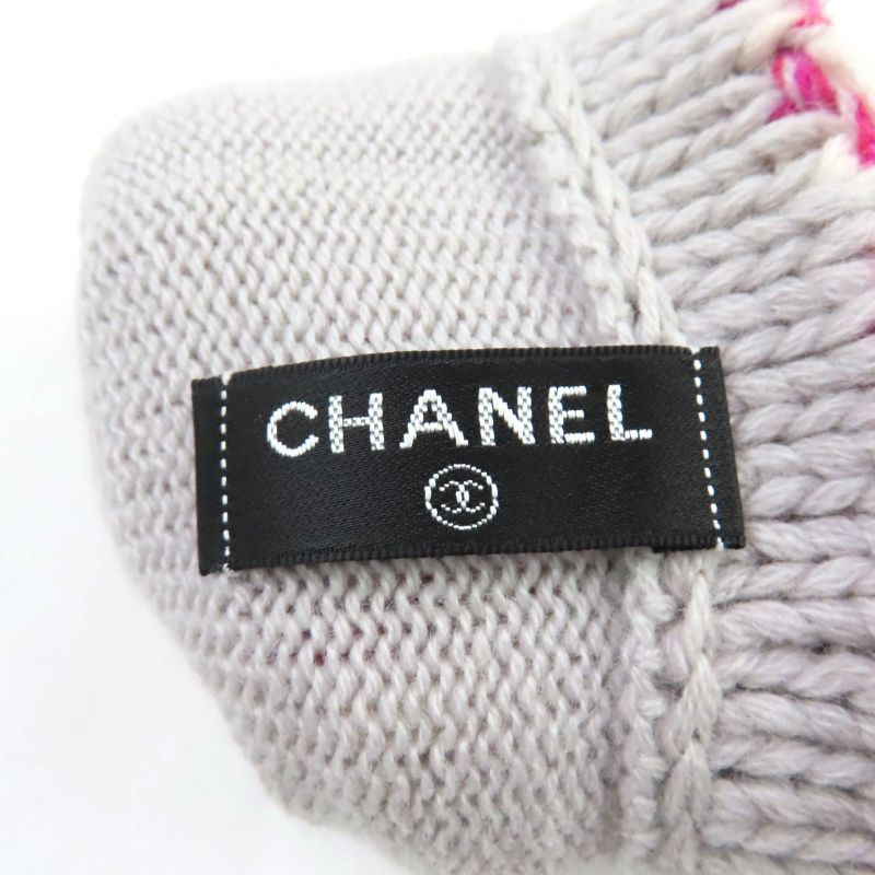 CHANEL 100% Cashmere Knitted Gloves With Coco Badge Gloves Grey Pink With Box