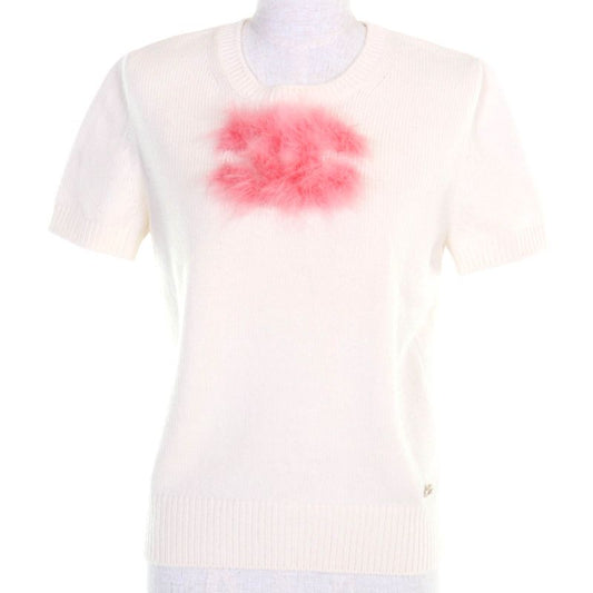 CHANEL P76042k10969 100% Cashmere Short Sleeved Knit With Coco Mark Fur Pieces