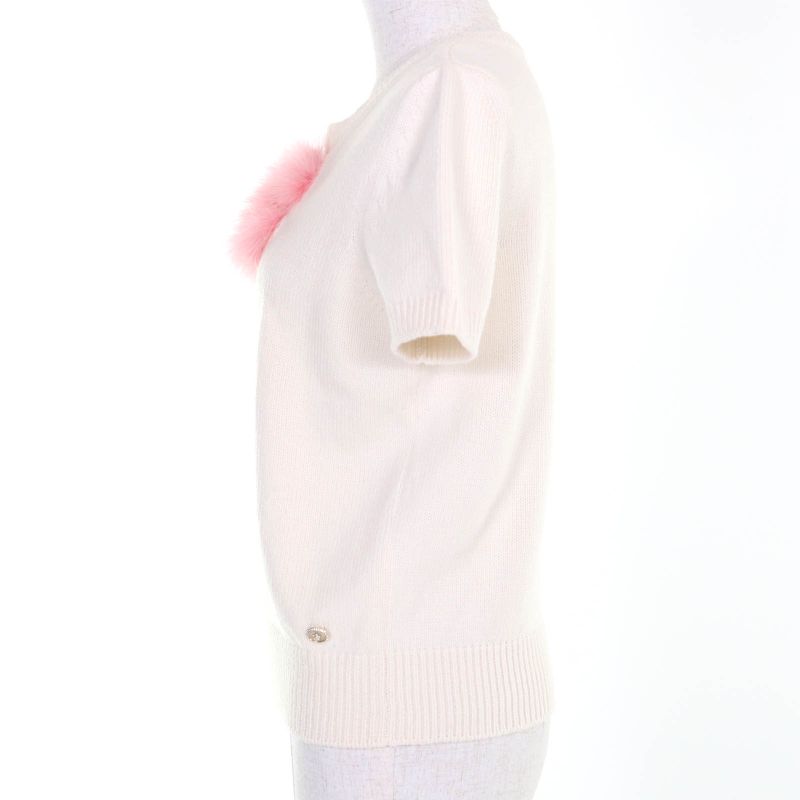 CHANEL P76042k10969 100% Cashmere Short Sleeved Knit With Coco Mark Fur Pieces