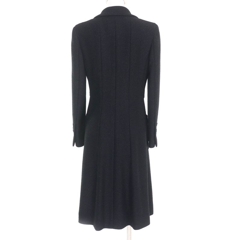 CHANEL Vintage 01A P18163 Logo Button Lined 100% Silk Tweed Long Coat Black 36