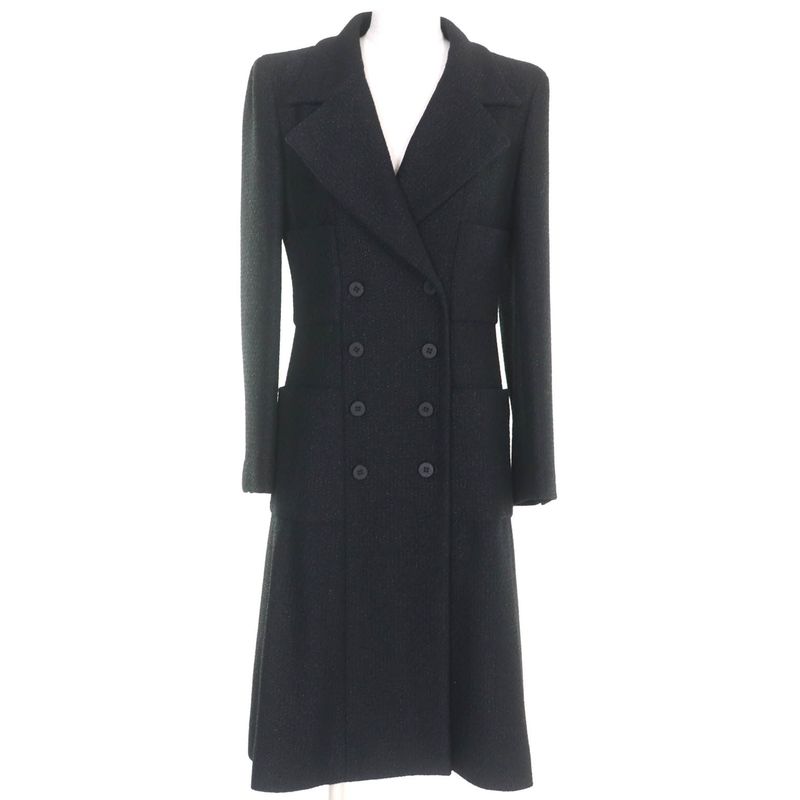 CHANEL Vintage 01A P18163 Logo Button Lined 100% Silk Tweed Long Coat Black 36