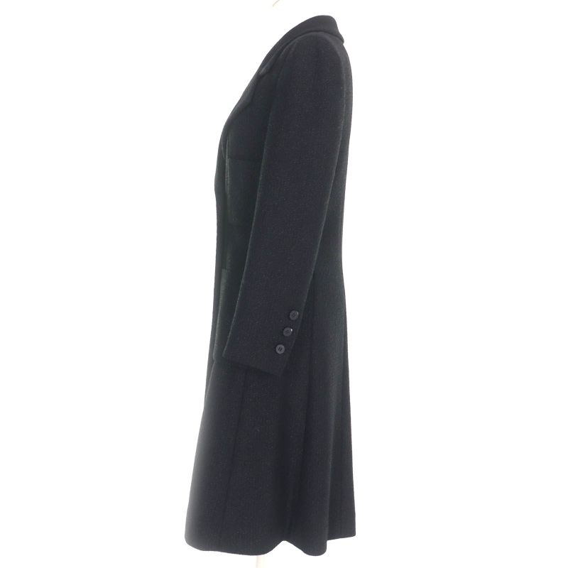 CHANEL Vintage 01A P18163 Logo Button Lined 100% Silk Tweed Long Coat Black 36