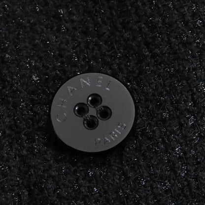 CHANEL Vintage 01A P18163 Logo Button Lined 100% Silk Tweed Long Coat Black 36