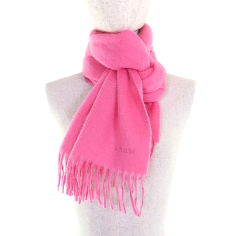 Hermes 100% Cashmere ROSE Logo Embroidered Fringed Scarf With Logo Embroidery