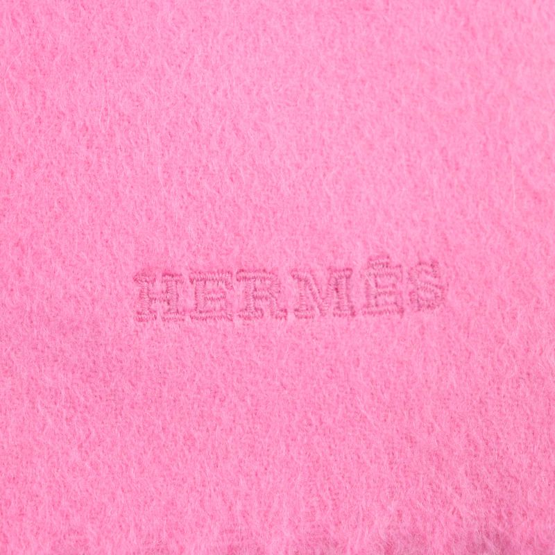 Hermes 100% Cashmere ROSE Logo Embroidered Fringed Scarf With Logo Embroidery