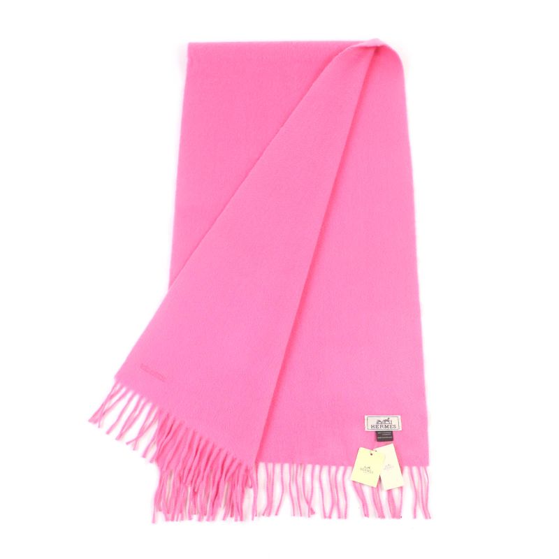 Hermes 100% Cashmere ROSE Logo Embroidered Fringed Scarf With Logo Embroidery