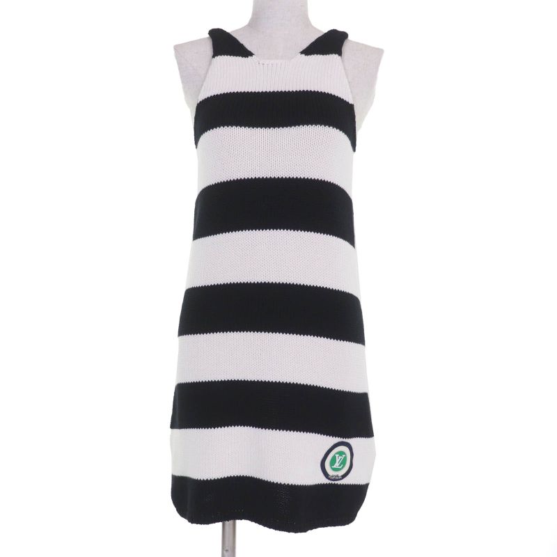Louis Vuitton 22AW 100% Cotton LV Logo Patch Striped Knit Dress Black White XS