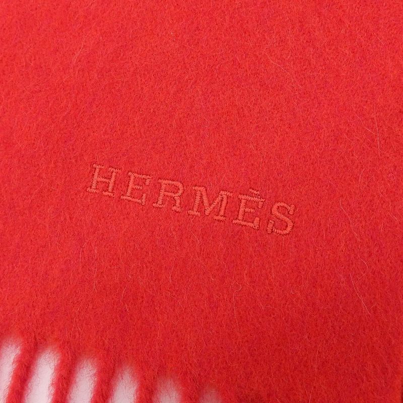 Hermes 100% Cashmere Logo Embroidery Fringed Scarf Shawl Red Made In Italy