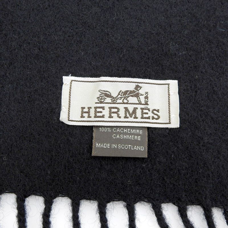 Hermes Cashmere Logo Embroidery Fringed Scarf Black Made In Scotland Men's