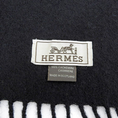 Hermes Cashmere Logo Embroidery Fringed Scarf Black Made In Scotland Men's