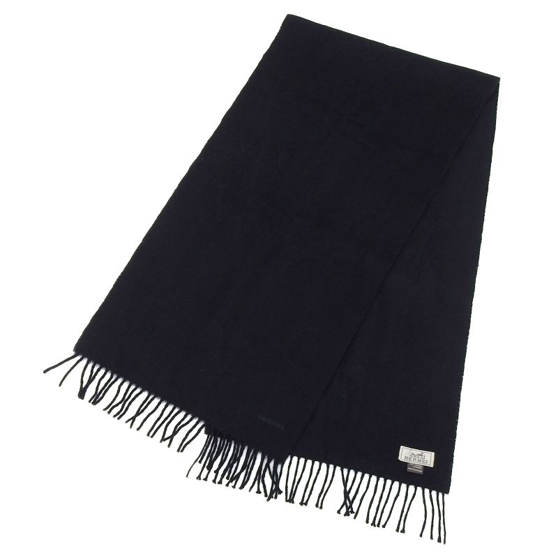 Hermes Cashmere Logo Embroidery Fringed Scarf Black Made In Scotland Men's