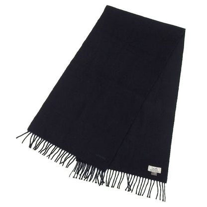 Hermes Cashmere Logo Embroidery Fringed Scarf Black Made In Scotland Men's