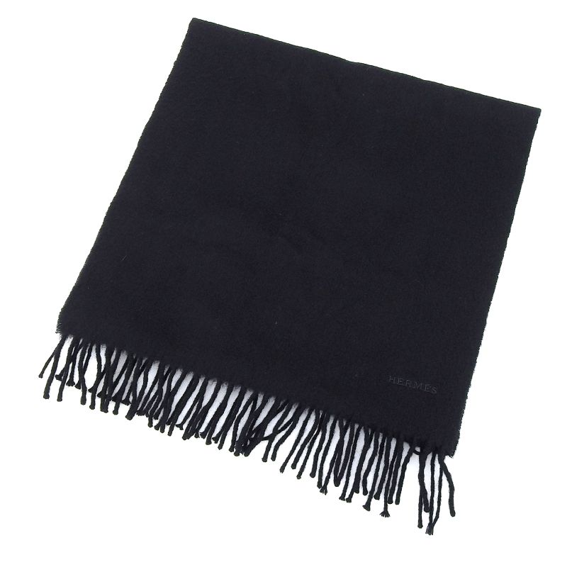 Hermes Cashmere Logo Embroidery Fringed Scarf Black Made In Scotland Men's