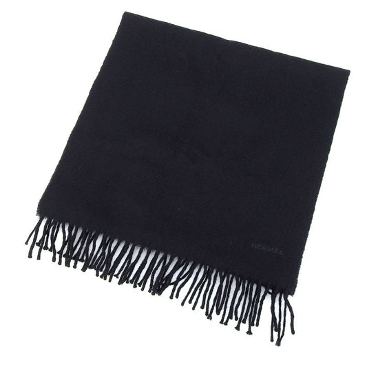 Hermes Cashmere Logo Embroidery Fringed Scarf Black Made In Scotland Men's