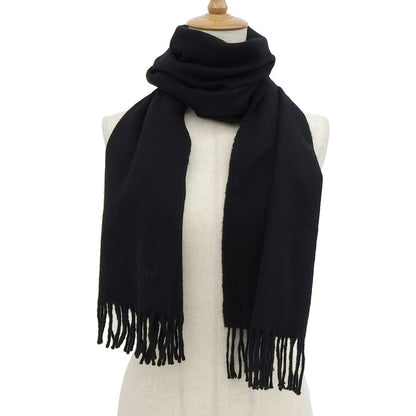 Hermes Cashmere Logo Embroidery Fringed Scarf Black Made In Scotland Men's