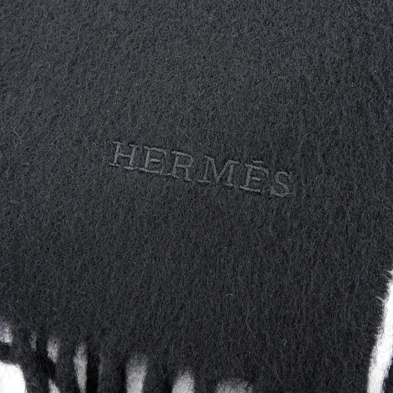 Hermes Cashmere Logo Embroidery Fringed Scarf Black Made In Scotland Men's