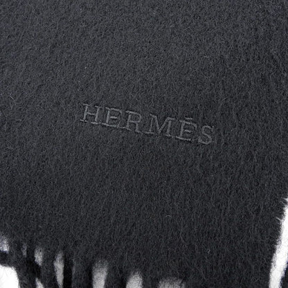 Hermes Cashmere Logo Embroidery Fringed Scarf Black Made In Scotland Men's