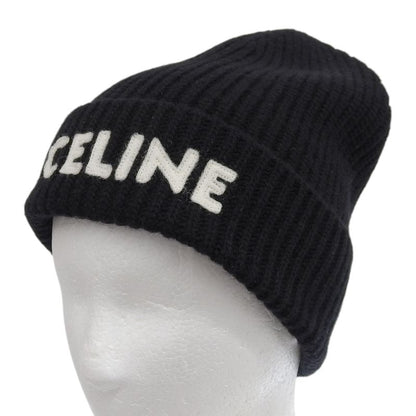 Celine 2a25r535q 100% Wool Felt Logo Hat Knit Cap Black TU Made In Italy