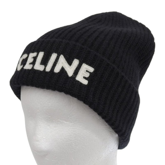 Celine 2a25r535q 100% Wool Felt Logo Hat Knit Cap Black TU Made In Italy