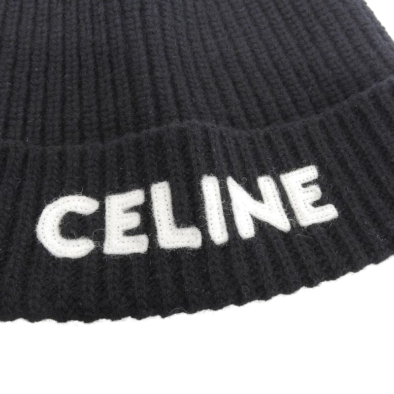 Celine 2a25r535q 100% Wool Felt Logo Hat Knit Cap Black TU Made In Italy