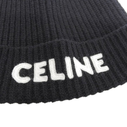 Celine 2a25r535q 100% Wool Felt Logo Hat Knit Cap Black TU Made In Italy